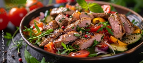 A delicious dish of meat and vegetables served on a table, prepared with fresh produce and a healthy salad as a side. Perfect for a nutritious meal