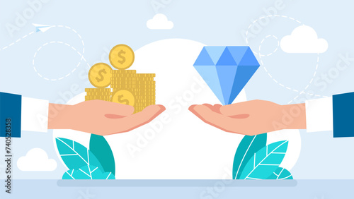 Jewelry business, diamond with money. Buy, sell talent. The price of creativity. Sell and buy at a pawnshop. Man holds a diamond in his hand to exchange it for money. Flat vector illustration