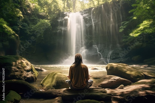 Tranquil meditation at majestic waterfall with spiritual perception on sunny day