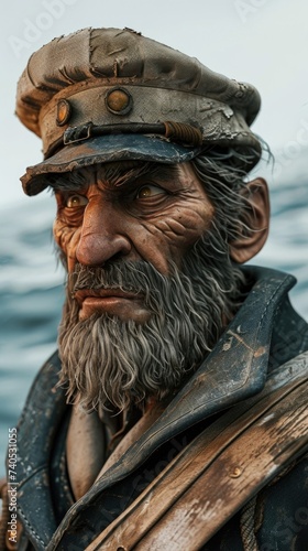 Cartoon digital avatars of Seafaring Sailor on a Boat A weathered sailor with a scruffy beard and a worn hat, navigating the sea with a determined look on his face.