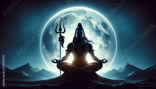 Illustration of lord shiva silhouette with trident against full moon for maha shivratri.