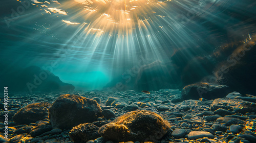 Sun rays under water landscape seascape fresh water.