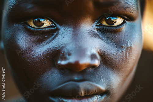 Close-up portrait of a dark-skinned tribal woman.