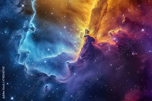 A person confidently stands on a vibrant cloud against a clear blue sky backdrop, creating a visually striking contrast, Colorful view of a nebula cloud with twinkling stars, AI Generated