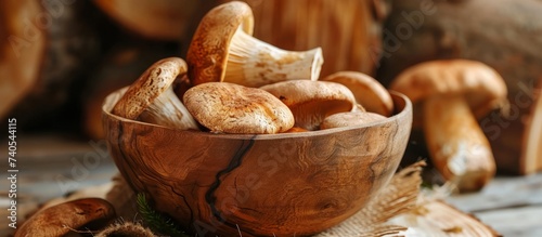 A wooden bowl filled with mushrooms is placed on a wooden table, ready to be used as an ingredient in a delicious recipe