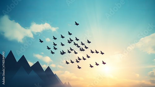 Crowd of birds flying on sky arrow shape , growth development progress success business team work concept , nature art abstract background