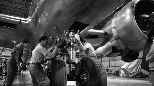 A team of technicians work on the landing gear of a jet preparing it for its next flight.