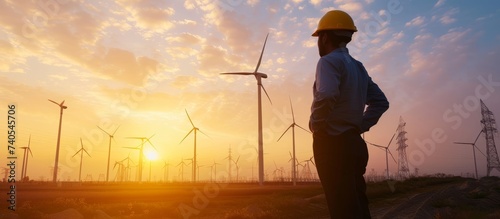 A male engineer standing confidently next to a row of towering wind turbines in a wind farm