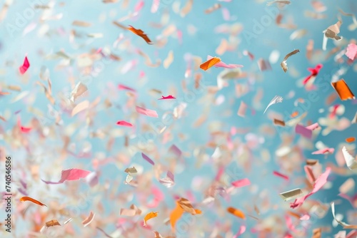Vibrant confetti in various hues is seen soaring through the air, creating a celebratory atmosphere at a lively event, Confetti swirling in a gust of wind, AI Generated