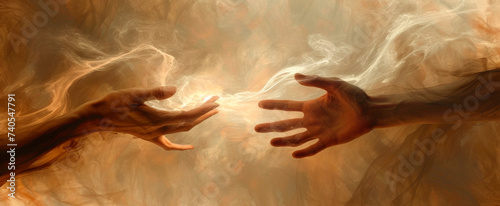 Ethereal image of two hands reaching towards each other, evoking the creation touch with dynamic energy arcs, set against a smoky, abstract background