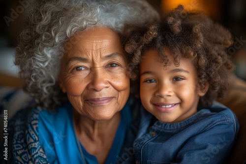 Portrait of african american grandmother and grandson hugging together, smile and happy. Senior old woman with little grandchild. Old person day