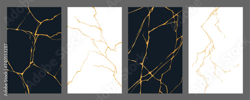 Golden kintsugi cracks, marble tile texture pattern. Black and white vertical vector backgrounds, reminiscent to ancient Japanese art, repairs broken pottery with lacquer mixed with powdered gold