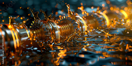 Oil splashing inside car engine,Automotive Oil wave splashing in car engine with lubricant oil Concept of lubricate motor oil and gears for engine.