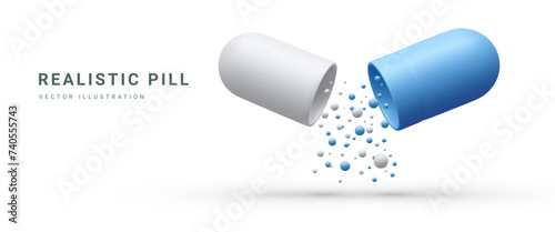 Realistic medical opened capsule pill with falling balls isolated on white background. Medical pills icon for hospital, pharmaceutical company or pharmacies. Vector Illustrations