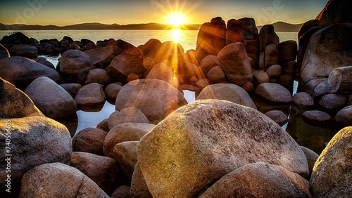 sunset on a rocky beach, cute natural stone/rocks at lake Tahoe