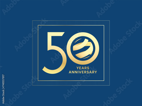 50th Anniversary luxury gold celebration in gold square frame logo vector illustration design concept. Fifty years anniversary gold number template for celebration event, business company, invitation.