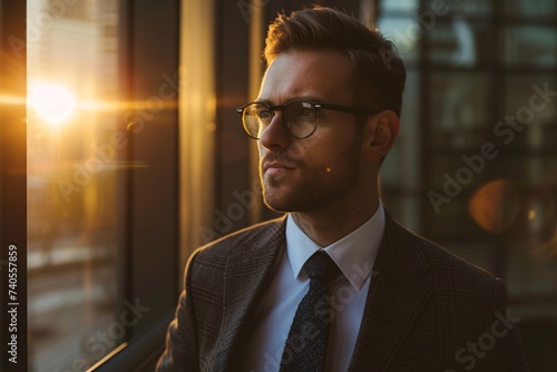 Homme d'affaires devant une fenêtre au coucher du soleil » IA générative