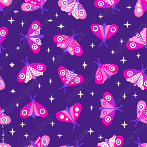 Vector seamless pattern of neon violet moth at night. Stylized butterflies neon pink and purple colors on a dark background