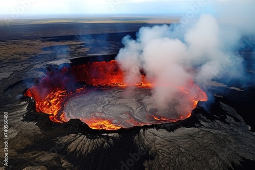 Aerial view of a volcano with lava and smoke, suitable for educational materials or travel brochures