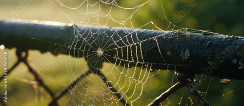 A detailed shot of a spider web woven intricately on a chainlink fence mesh, blending with the surrounding grass and plants, showcasing the interaction of terrestrial animals and arthropods