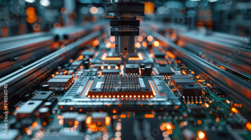 Close-up view of a robotic arm conducting detailed work on an advanced circuit board inside an industrial setting, showcasing precision and high-tech engineering in electronics manufacturing.