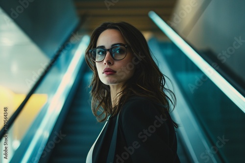 Femme d'affaires brune à lunettes montant des escaliers » IA générative