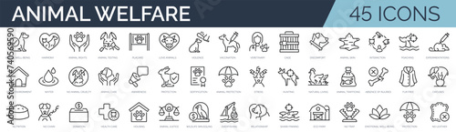 Set of 45 outline icons related to animal welfare. Linear icon collection. Editable stroke. Vector illustration