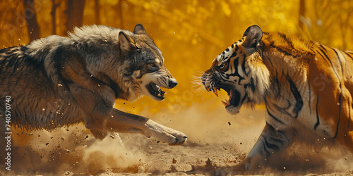 Epic Showdown: Fierce Wolf Vs Tiger Clash Banner in Autumn-Hued Wild Splendor