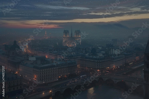 Evening drone view of Paris, city lights twinkling