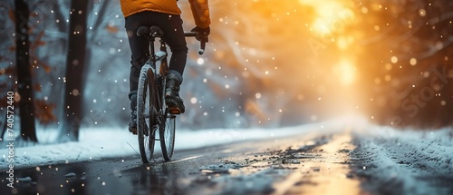 Man riding bike in bike lane. Man biking on the road. Cyclist biking in the winter.