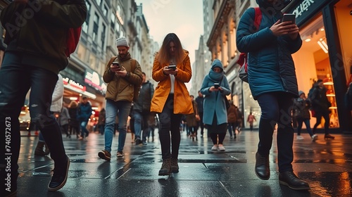 People walking in street busy with their phone. People addicted to their phone. Walking and texting.