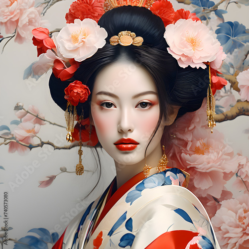 Beautiful Japanese geisha woman with beautiful earrings with flowers background.