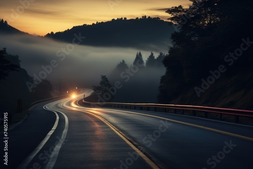 A car driving down a winding road at night. Suitable for transportation concepts