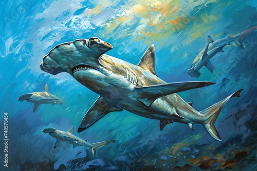 Peinture d'un requin marteau dans l'océan » IA générative
