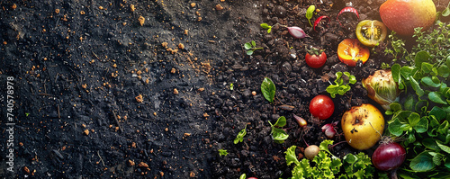 Compost and composted soil in the form of a compost heap from rotting kitchen scraps with fruit and vegetable scraps processed into organic soil for fertilizer as a composite
