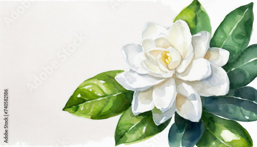 Watercolour of a gardenia on pure white background canvas, copyspace on a side