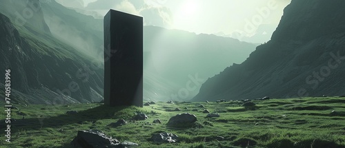 A surreal mystical black stone or a giant sculpture in a valley among the mountains in a minimalist style. A ceremonial or religious or mysterious place