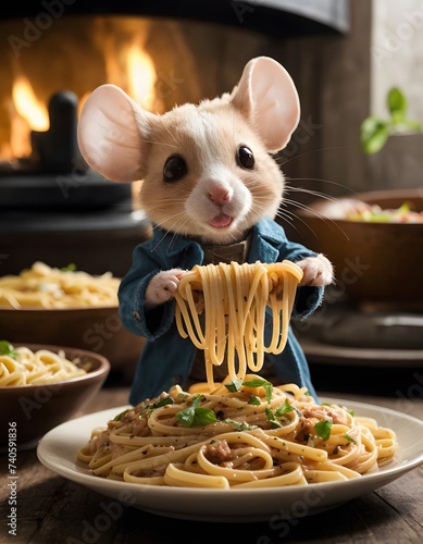 A rodent is dining on spaghetti from a plate on a table, enjoying the al dente noodles. The scene includes tableware and a houseplant in a flowerpot