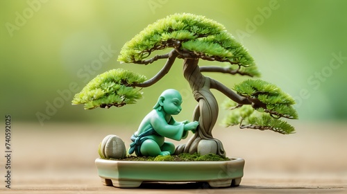 An adorable, green-hued creature practicing the art of bonsai, carefully trimming the miniature tree's delicate leaves.