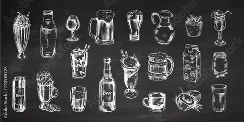 A set of hand-drawn sketches of drinks on chalkboard background. Vector illustration in vintage style. Beverages. Good for the menu.