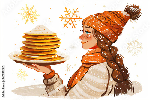 Joyful girl with thin pancakes or bliny on a plate in her hands. National russian festival. Maslenitsa or Shrovetide Day. Spring is coming concept. Illustration for banner or greeting card