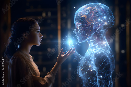Künstliche intelligenz als Hologramm dargestellt trifft auf Menschen