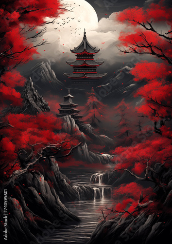 artwork of an asian landscape and with red blossom and mountains