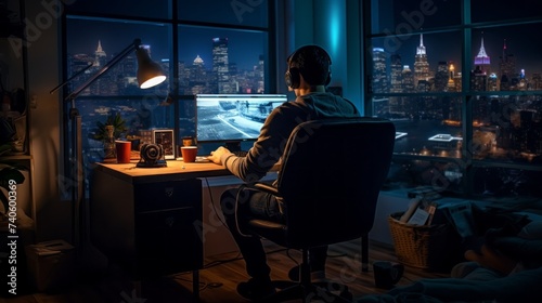 Rear View Of A Male Graphic Designer Working Late At The Office. A young guy with headphones is playing at the computer, watching a movie in the dark.