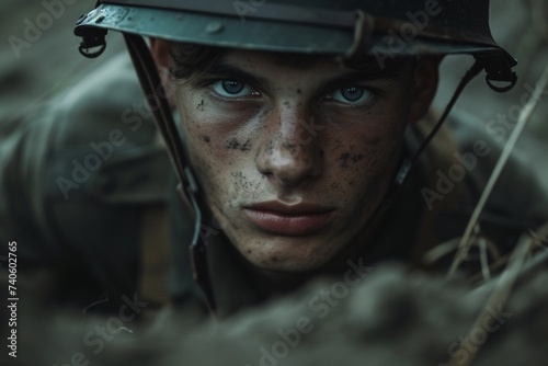 Jeune soldat français cachée dans une tranchée » IA générative