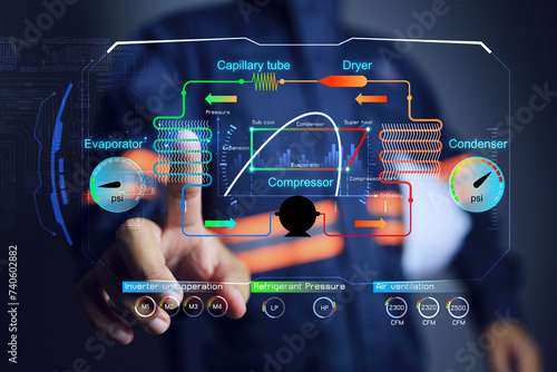 Engineer pointing on evaporator of air conditioning system on virtual screen interface for monitoring such as refrigerant pressure electricity usage to operation check and maintenance