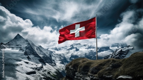 Clear Blue Sky over Swiss Alps: A Breathtaking View of Eiger Cliff with Swiss Flag Flying