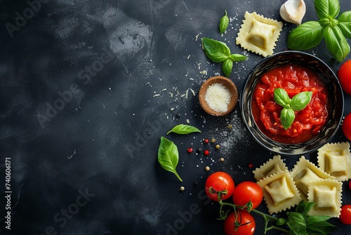 Top view of ravioli with tomato sauce and basil on a dark background