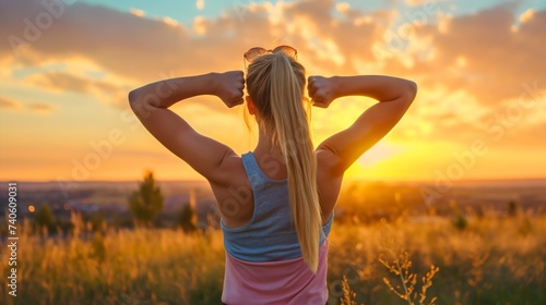 Closeup rearview of a young athletic and fit woman wearing a gray and pink t shirt and flexing her muscles during the golden hour sunset. Female lady showing off her strength outdoors, fitness girl