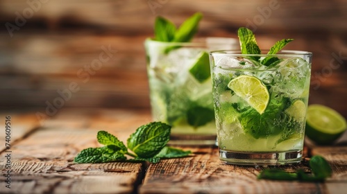 Refreshing summer cocktails, adorned with zesty lime and fresh mint leaves, await to quench your thirst and elevate your taste buds in a cool and vibrant indoor setting
